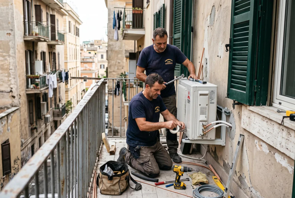 Due tecnici installano l'unità esterna di una pompa di calore sul balcone di un palazzo romano