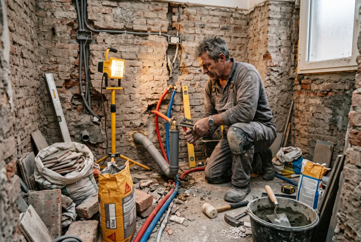Idraulico al lavoro sulle tubazioni di un bagno demolito durante la ristrutturazione di un appartamento a Roma