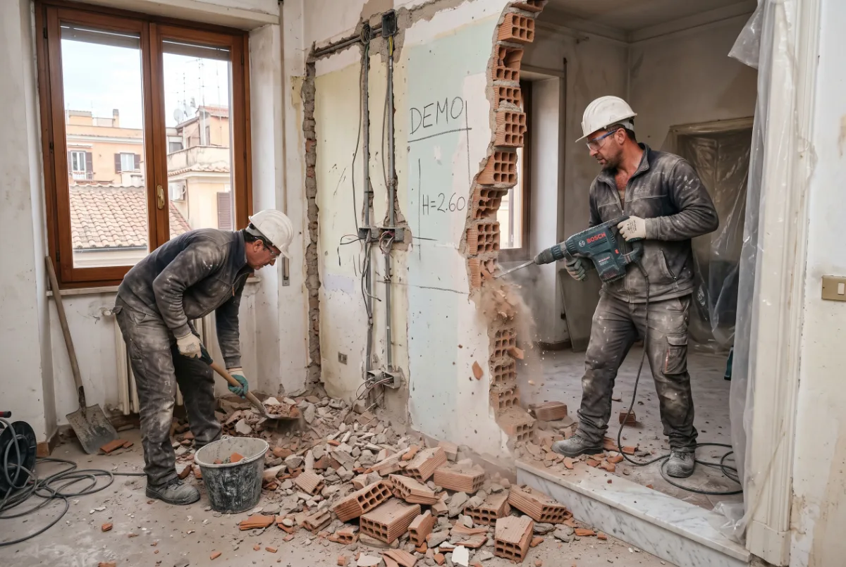 Operai demoliscono un tramezzo non portante in un appartamento di Roma durante la ristrutturazione