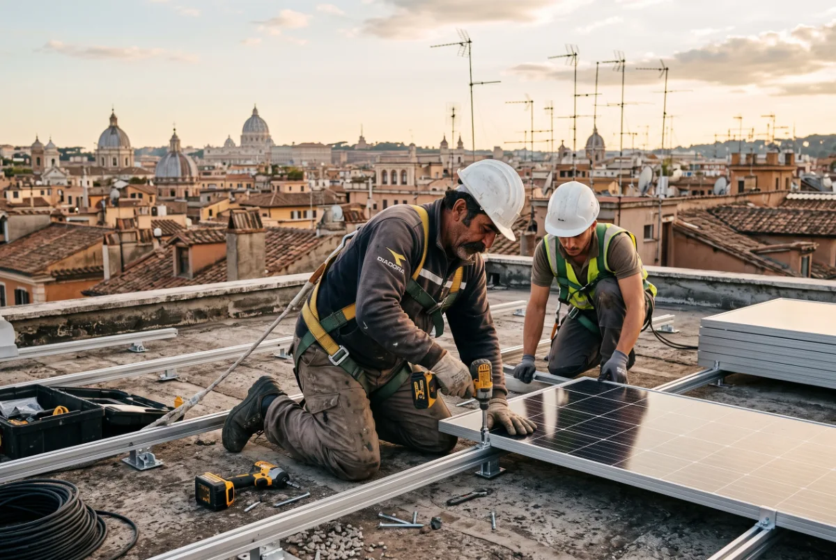 Installatori montano pannelli fotovoltaici sul terrazzo di condominio a Roma