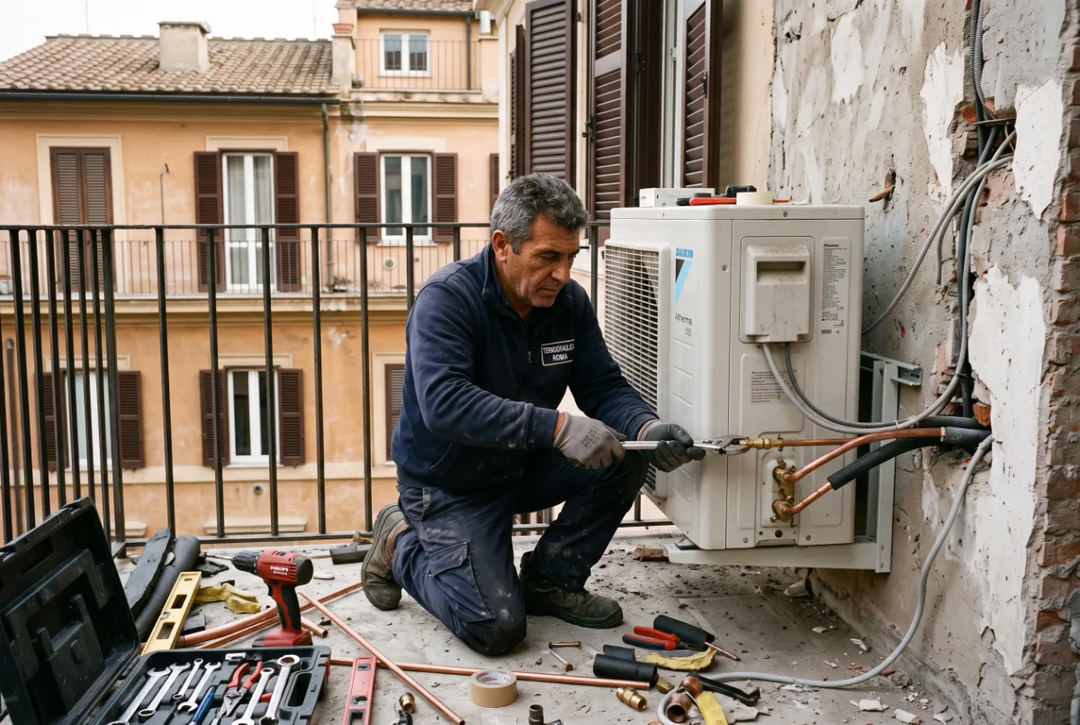Tecnico installa l'unità esterna di una pompa di calore in un appartamento in ristrutturazione a Roma