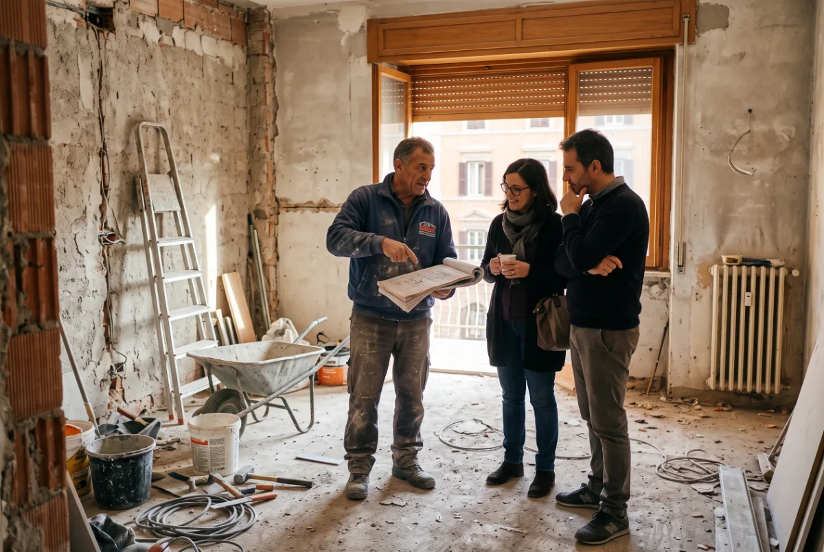 Un capocantiere spiega il preventivo di ristrutturazione a una coppia di proprietari dentro un appartamento romano in fase di lavori