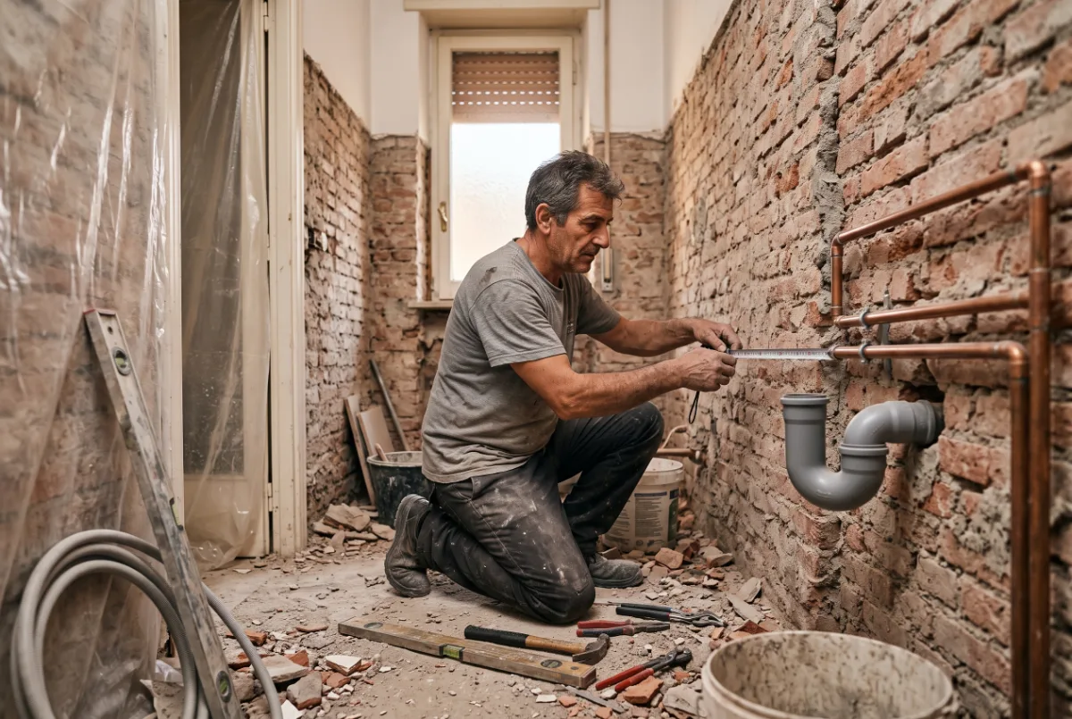 Idraulico al lavoro sugli impianti di un bagno demolito in un appartamento romano