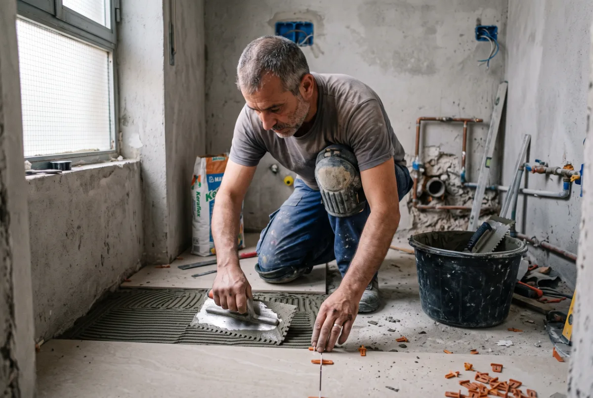 Posa del pavimento durante la ristrutturazione di un bagno in un appartamento a Roma