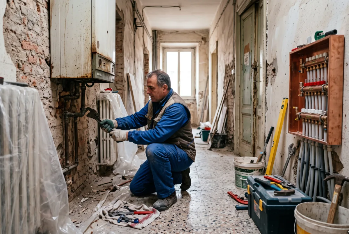 Idraulico smonta la vecchia caldaia a gas durante la ristrutturazione di un appartamento a Roma